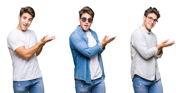 Колаж молодого красивого чоловіка в сонцезахисних окулярах над ізольованим тлом Вказуючи на бік рукою і відкритою долонею, представляючи рекламу щасливою і впевненою
 - Фото, зображення