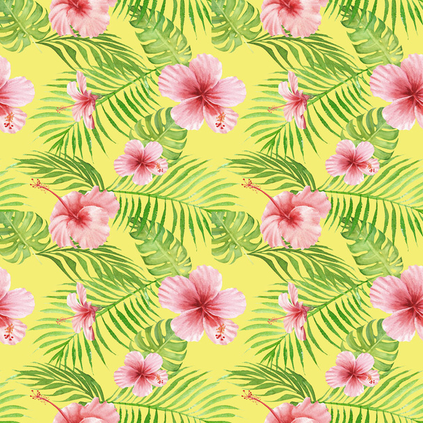 nahtlose handgezeichnete tropische Aquarellmuster. exotische Hibiskusblüte, Palmen- und Monsterblätter auf gelbem Hintergrund. - Foto, Bild