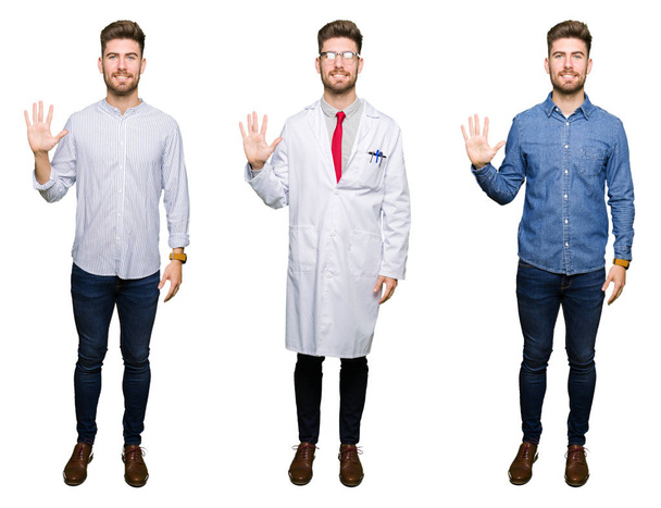 Collage of handsome young professional man over white isolated background showing and pointing up with fingers number five while smiling confident and happy. - 写真・画像
