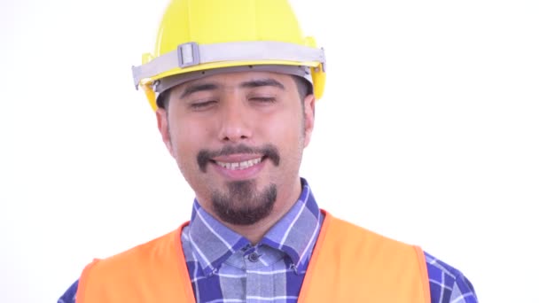 Особа щасливий бородатий Перська людина працівник будівництва розслабляючий з закритими очима - Кадри, відео