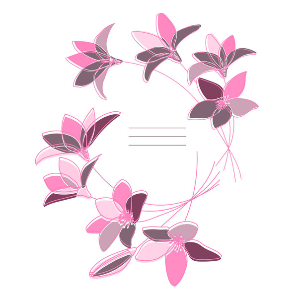 Vektorillustration mit Linienkranz-Magnolie. Farbige Blüten der Magnolie mit Linienzeichnung auf weißem Hintergrund. Entwurf für Postkarte, Einladung - Vektor, Bild