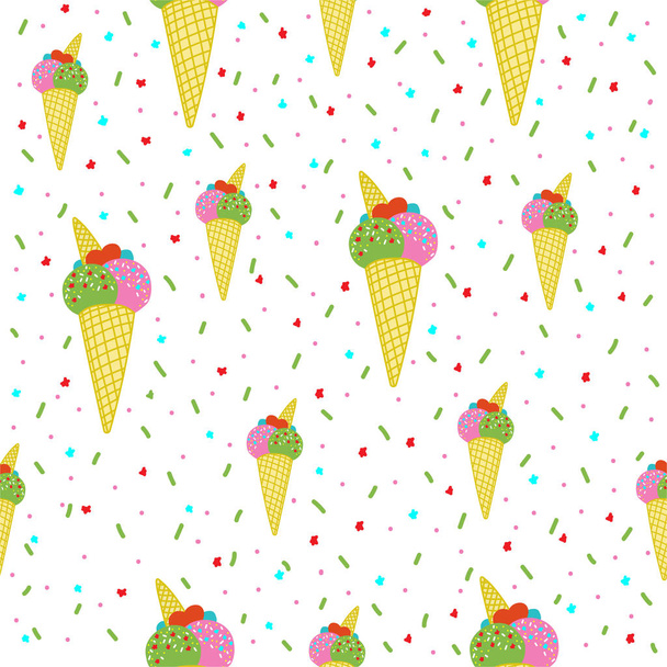 Vektor bezproblémový vzorek s barevnou zmrzlinou. Krémová zmrzlina na bílém podkladu. Rozkošný zmrzlinový kužel s barevným toppingou. Letní design pro tisk, textil, pohlednice  - Vektor, obrázek