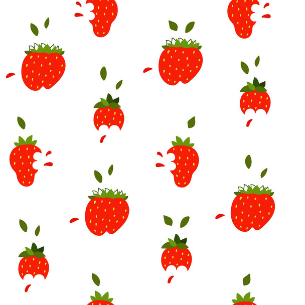 Vector flat seamless pattern with juicy strawberry. Endless print with hand drawn berry on white background. Summer design for print, textile, postcard, advertising, children's design - Vector, Image