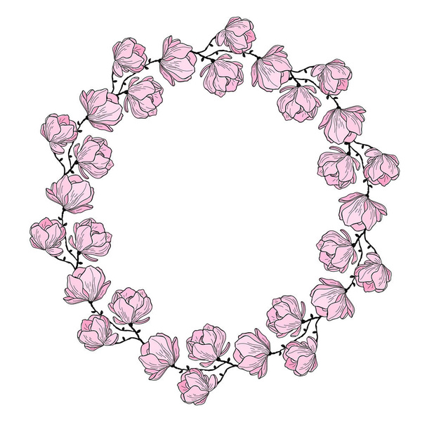 Illustrazione vettoriale con corona di magnolia di linea. Colore fiori di magnolia con linea arte su sfondo bianco. Design per cartolina, invito
 - Vettoriali, immagini