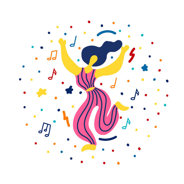 Vector flat illustration with doodledancing woman. Bright color trendy design for print, textile, postcard, advertising, music festivals - Διάνυσμα, εικόνα