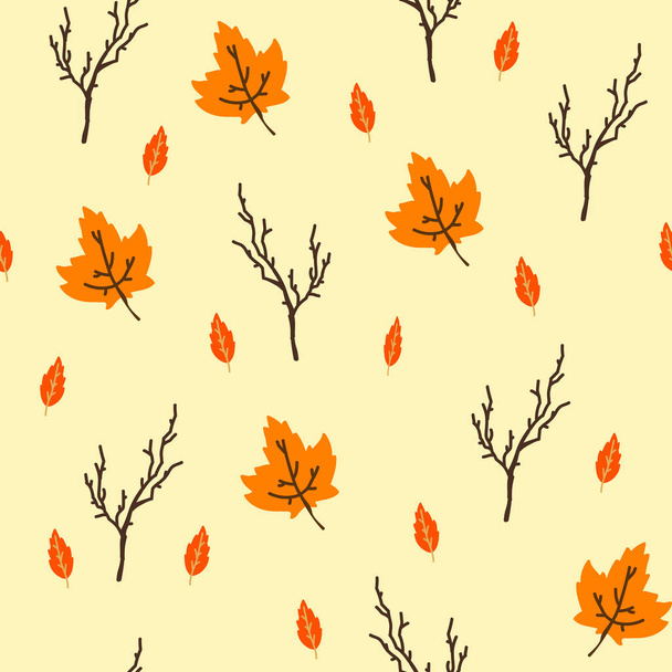 Patrón sin costura vectorial con hojas y ramas de otoño. Estampado sin fin con hojas amarillas y naranjas y ramas de árboles
 - Vector, imagen