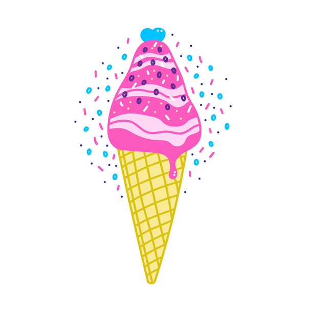 Ilustración plana vectorial con helado de color. Helado dibujado a mano sobre fondo blanco. Lindo cono de helado con cobertura de color. Diseño de verano para impresión, textil, postal
  - Vector, Imagen