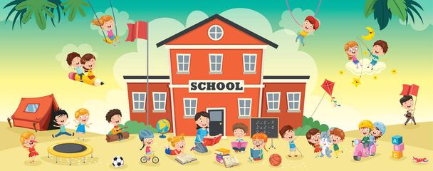 Funny Students and School Building - Vector, Image
