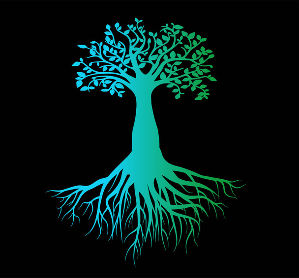 Modello vettoriale su disegno di stampa albero gradiente verde della vita con radici cespugliose primo piano
 - Vettoriali, immagini
