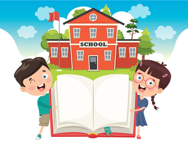 Funny Students and School Building - Vector, Image