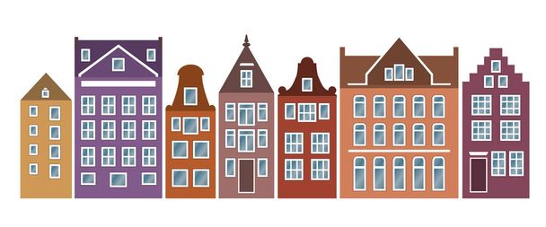 Το σύνολο των σπιτιών με χρώματα του Άμστερνταμ. Πολύχρωμα της σειράς τυπική ολλανδική θέα στην Ολλανδία. Στυλιζαρισμένες προσόψεις παλιών κτιρίων. Διανυσματικό πρότυπο του ορίζοντα του σπιτιού. Φόντο για κάρτα, πανό. Αστικό τοπίο - Διάνυσμα, εικόνα