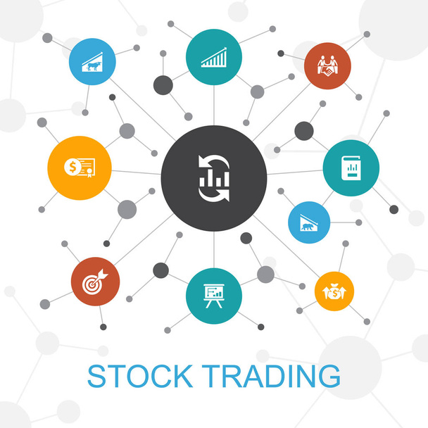 Stock Trading trendy Web concept met iconen. Bevat dergelijke iconen zoals Bull Market, Bear Market, jaarverslag - Vector, afbeelding