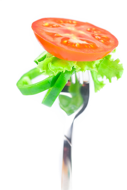 tomato ,lettuce,fork ,cucumber and pepper isolated on white - Zdjęcie, obraz