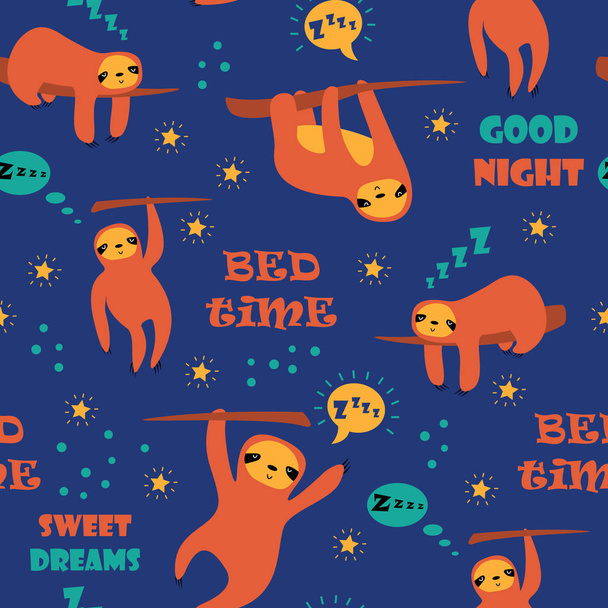 Cartoon seamless pattern on blue background sloth sleep sweet dream goodnight sweet time. Vector illustration design. - Vector, Image