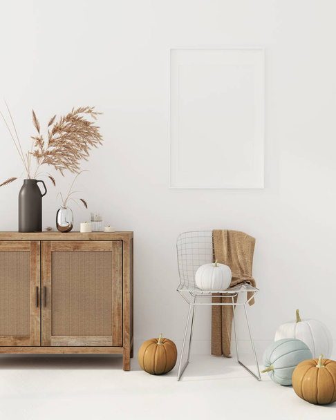 Autumn interior decoration with chest of drawer and metal chair - Photo, Image