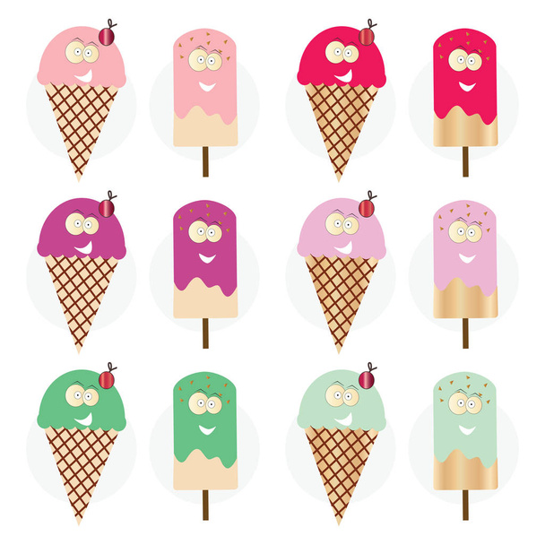 smiling cartoon ice creams in multiple colors vector set - Vector, Image