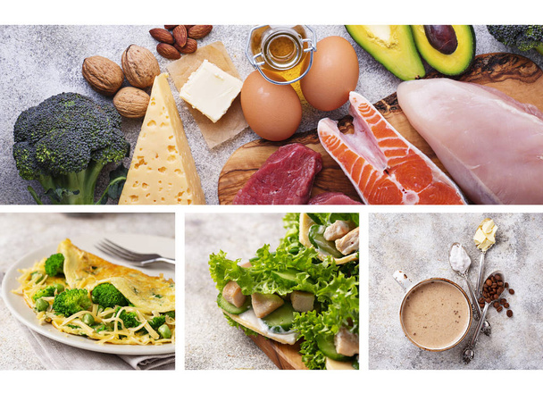 Lebensmittel-Collage. Ketogene Produkte und Gerichte - Foto, Bild