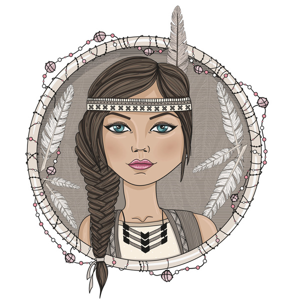 schattig native amerikaans meisje en veren frame. - Vector, afbeelding