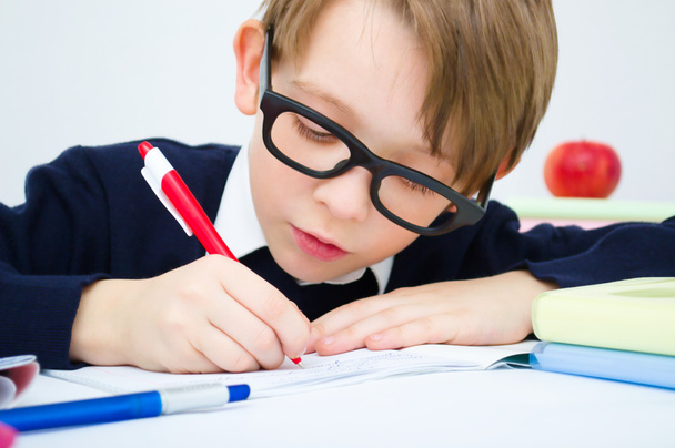 schoolboy writing homework - Foto, Imagem