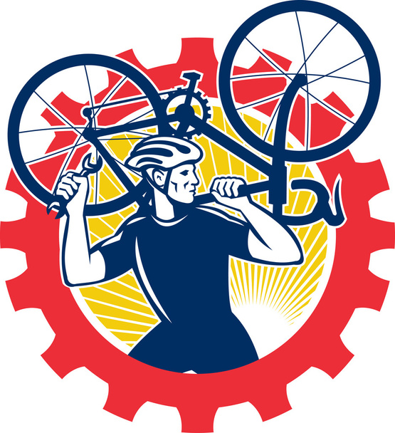 Cycliste mécanicien de vélo portant vélo pignon rétro
 - Vecteur, image
