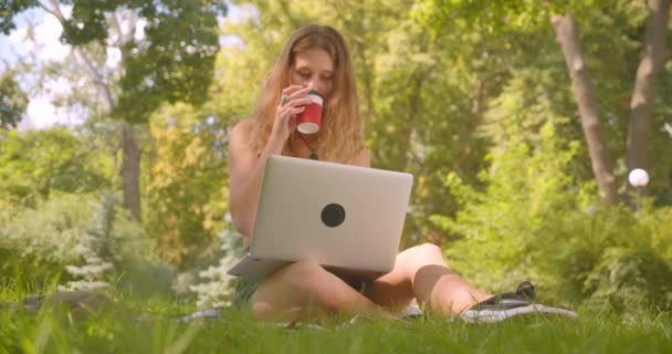 Primer plano retrato de joven bastante caucásico hembra usando portátil beber café sentado en la alfombra en la hierba en el parque
 - Metraje, vídeo
