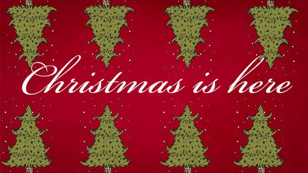 Noël est ici mots. Elles sont de couleur blanche. Le fond est rouge et il y a des arbres de Noël au-dessus et en dessous d'eux avec des étincelles
. - Photo, image