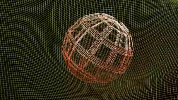 Abstrakti kohokuvioitu langallinen kehystetty pallo kaareva ruudukon pinnalla - 3D renderöinti kuva
 - Materiaali, video