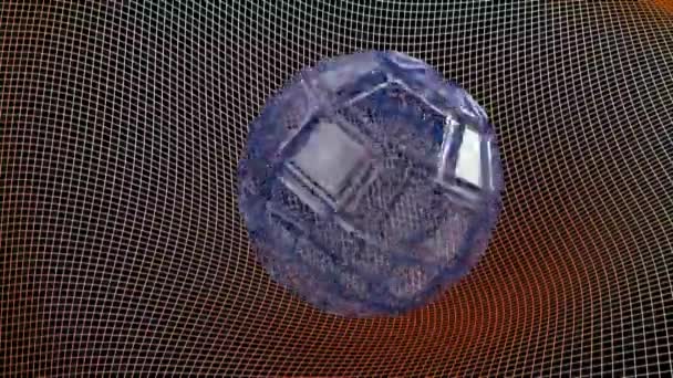 абстрактна блакитна скляна рельєфна сфера над червоною деформованою сіткою - 3D ілюстрація рендеринга
 - Кадри, відео