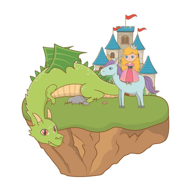 Medieval princess unicorn and dragon of fairytale design vector illustration - Vector, Image