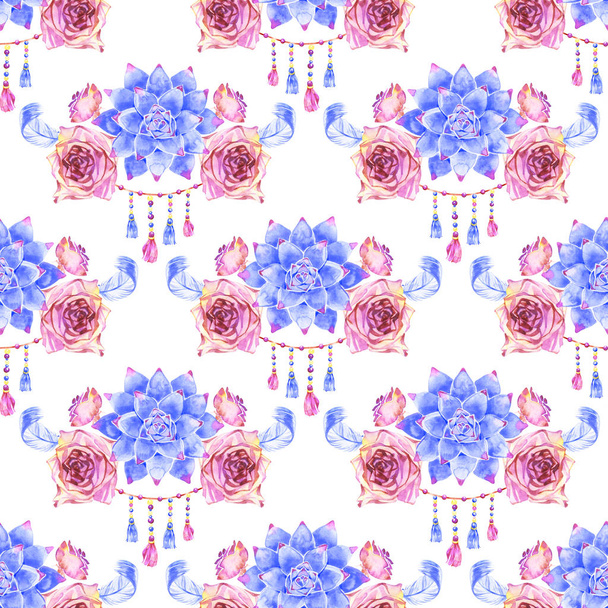 Seamless pattern with dreamcatchers, hand drawn in watercolor. Seamless texture with hand drawn feathers. Illustration for your design. Bright colors. - Fotoğraf, Görsel