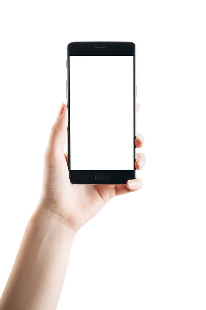 hand holds smartphone isolated on white - Photo, Image