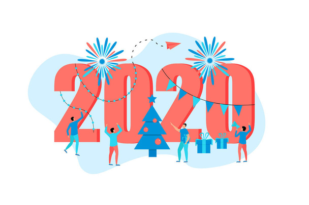 Happy New Year 2020 concept, wenskaart met mensen karakter plat ontwerp. Sjabloon voor webpagina en banner - Vector, afbeelding