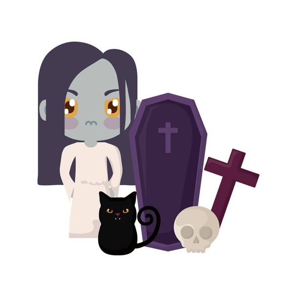 fille déguisée en zombie avec des icônes Halloween
 - Vecteur, image