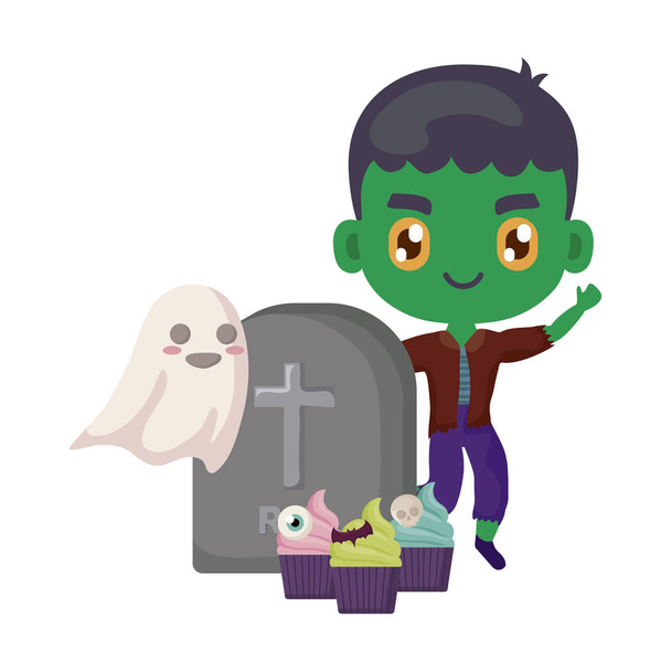 jongen vermomd als een Frankenstein met pictogrammen Halloween - Vector, afbeelding