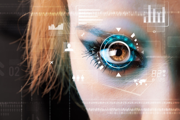 Future woman with cyber technology eye panel concept - Fotoğraf, Görsel