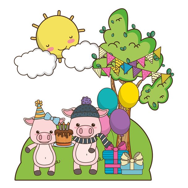 Pigs cartoons with happy birthday icon design - Vector, Image