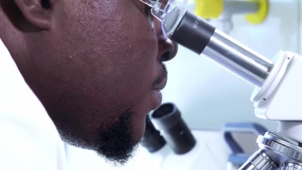 Científico afroamericano trabajando en el laboratorio. Doctor haciendo investigación microbiológica. Biotecnología, química, bacteriología, virología, ADN y atención sanitaria
. - Metraje, vídeo