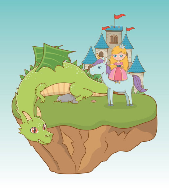 Hercegnő sárkány és ló mesebeli tervezés - Vektor, kép