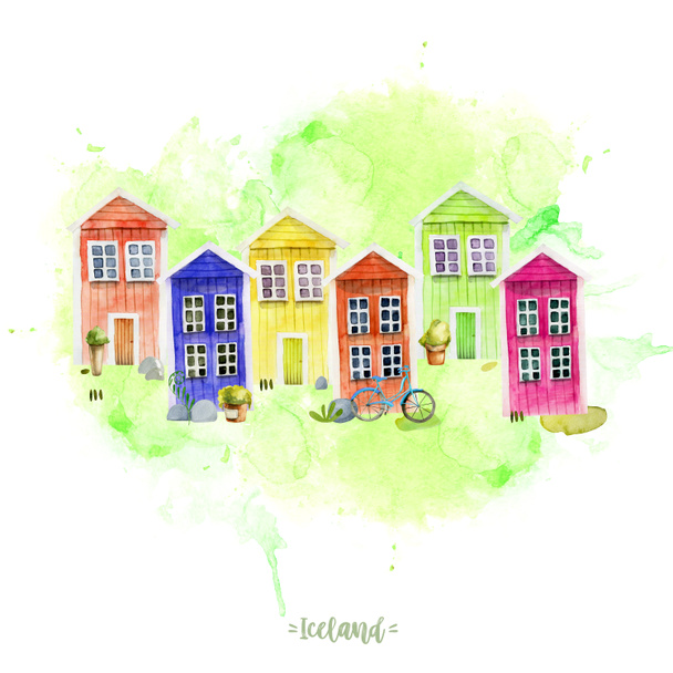 Card template with watercolor cute colorful nordic wooden houses, hand painted on a white background, Iceland card design - Photo, Image