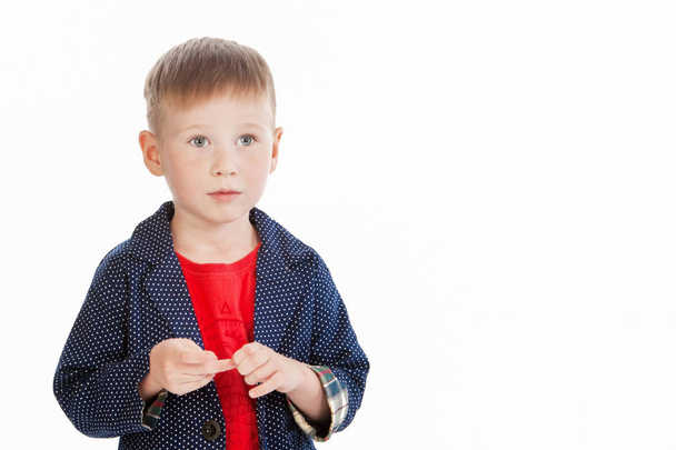 Cute little boy portrait, isolated  on a white background. - Zdjęcie, obraz
