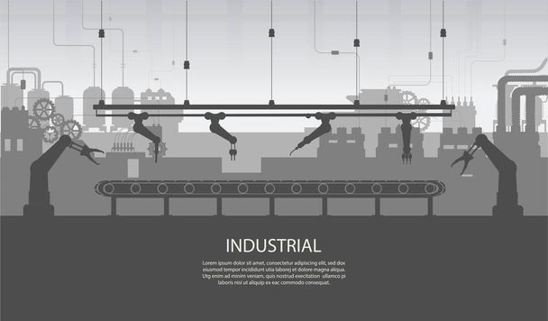 Промышленный баннер с интерьером силуэтного завода с изображением вектора плоской конструкции машины и конвейера
 - Вектор,изображение