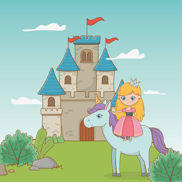 Középkori hercegnő és ló mesebeli tervezés - Vektor, kép