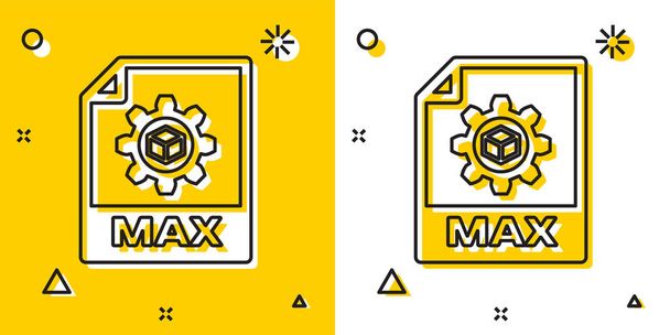 ブラック マックス ファイル ドキュメント。黄色と白の背景に分離された最大ボタンアイコンをダウンロードします。最大ファイルシンボル。ランダムな動的シェイプ。ベクトルイラストレーション - ベクター画像