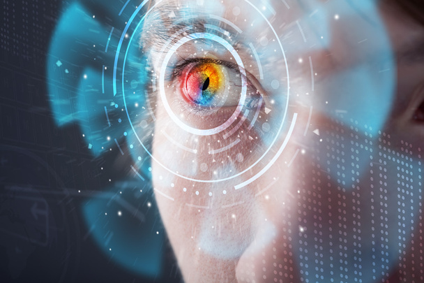 Futurista homem cibernético moderno com tela de tecnologia painel de olho - Foto, Imagem