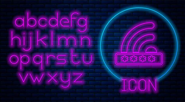 Glowing neon Wifi locked sign icon isolated on brick wall background. Password wi-fi symbol. Wireless Network icon. Wifi zone. Limited access. Neon light alphabet. Vector Illustration - Vector, Image