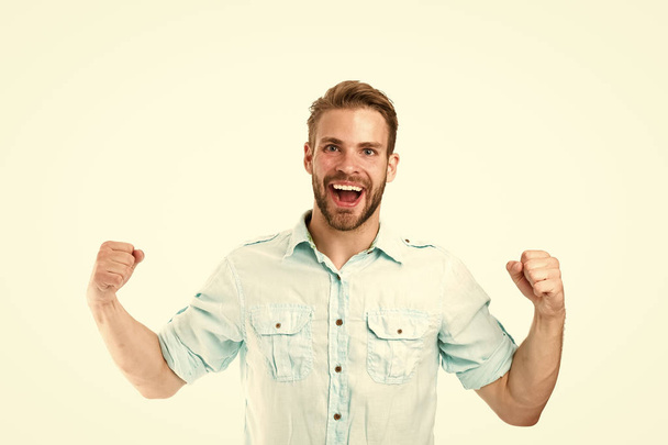 Achieve success. Man handsome bearded guy smiling on white background isolated. Guy cheerful smile feels happy and satisfied. Positive emotions. Man with sincere smile. Good mood. Brilliant smile - Valokuva, kuva
