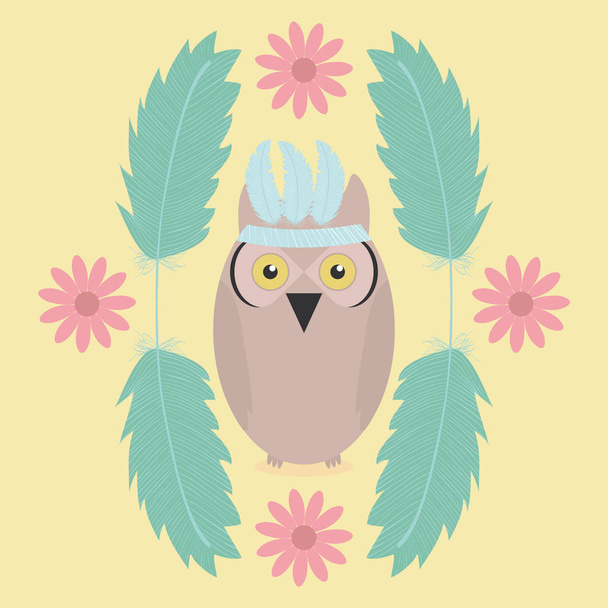 owl bird with feathers hat and flowers frame - Vektor, obrázek