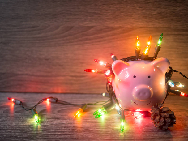Roze Piggy Bank met Party lights, profiteer van besparingen voor het vakantie concept - Foto, afbeelding
