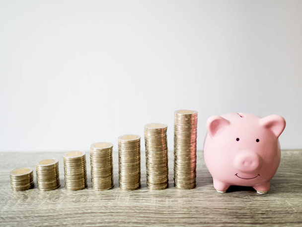 Розовый банк свиньи с графиком роста монет, экономия денег для будущего инвестиционного плана и концепции пенсионного фонда
 - Фото, изображение