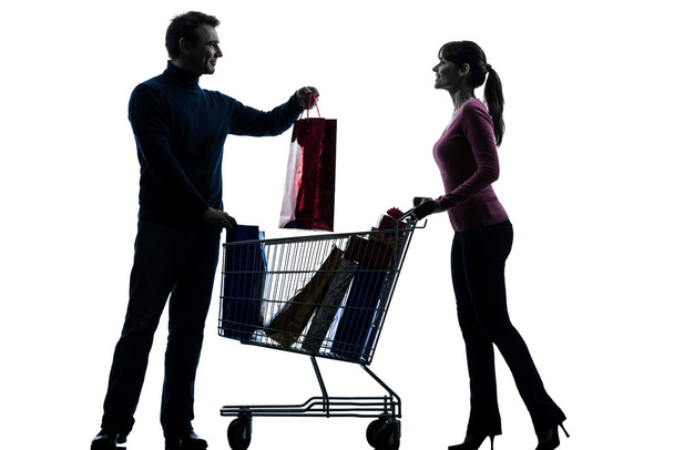 coppia donna uomo con carrello della spesa e regali silhouette
 - Foto, immagini